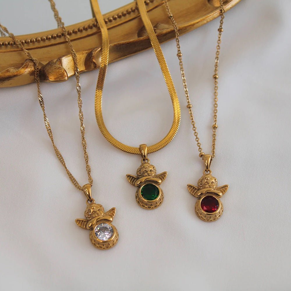 Coloured Gem Retention Guardian Angel Pendant Necklace - Trendy Radar