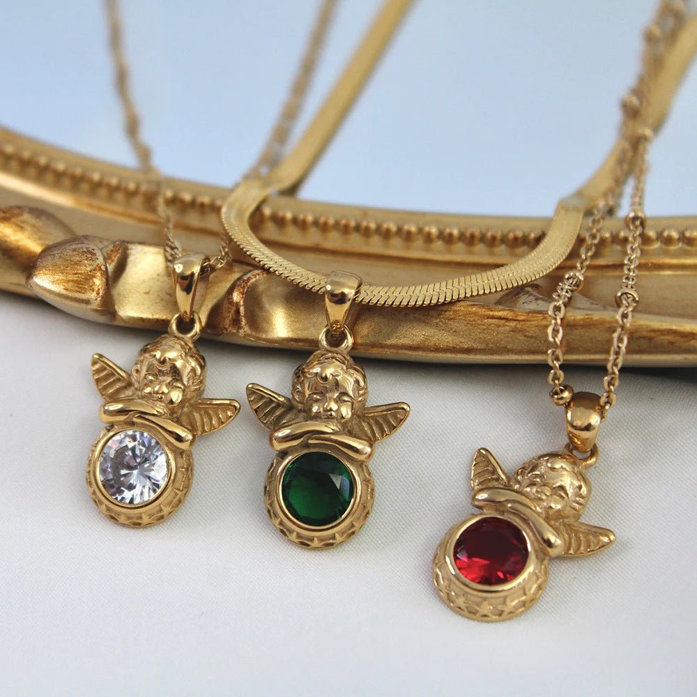 Coloured Gem Retention Guardian Angel Pendant Necklace - Trendy Radar