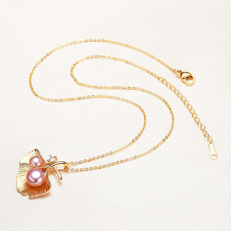 Double Leaf Zircon Pearl Pendant Necklace