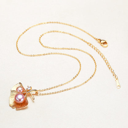 Double Leaf Zircon Pearl Pendant Necklace