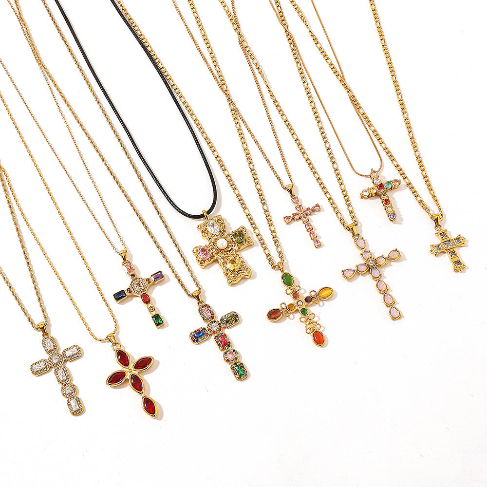 Stainless Steel Cross Necklace with Colorful Crystals