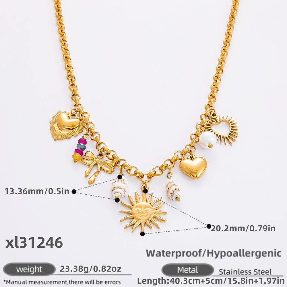 Stainless Steel Sun Shell Pendant Necklace Bracelet Set