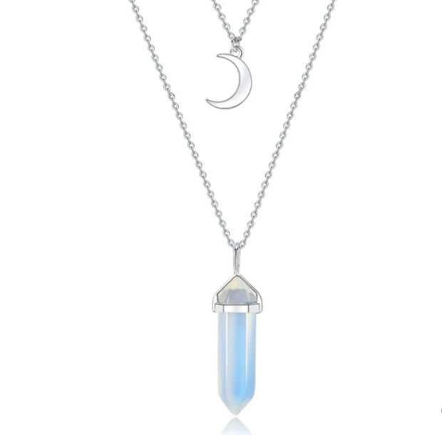 Unisex Crystal Moon & Hexagonal Turquoise Pendant Necklace