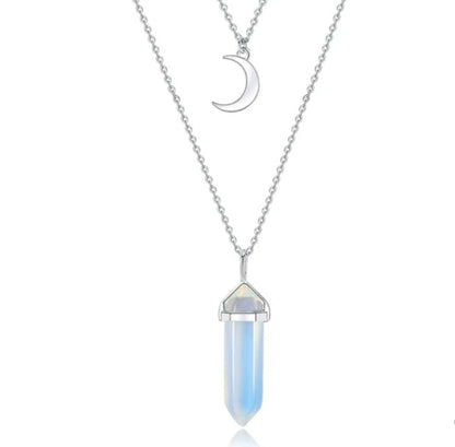 Unisex Crystal Moon & Hexagonal Turquoise Pendant Necklace