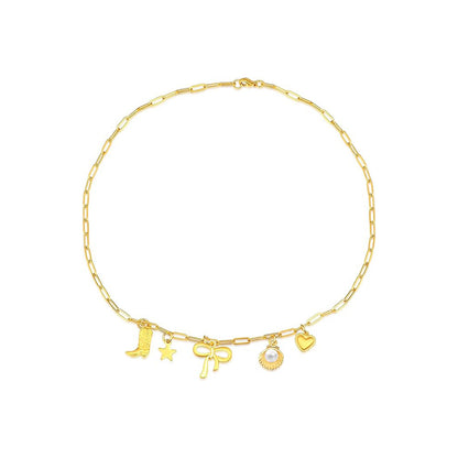 Gold Clip Necklace with Bow & Five-Pointed Star