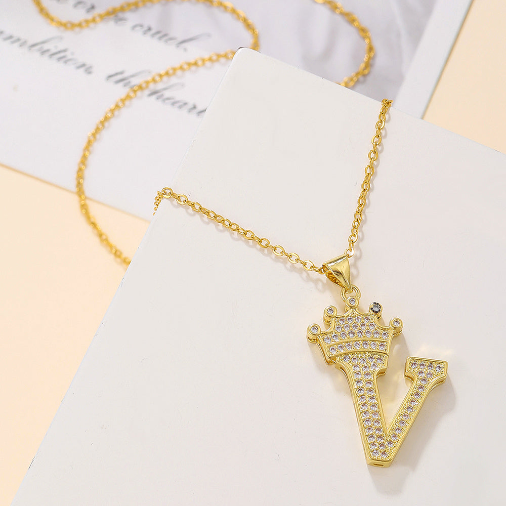 Gold Crown A-Z Pendant Necklace