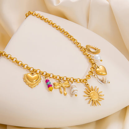 Stainless Steel Sun Shell Pendant Necklace Bracelet Set