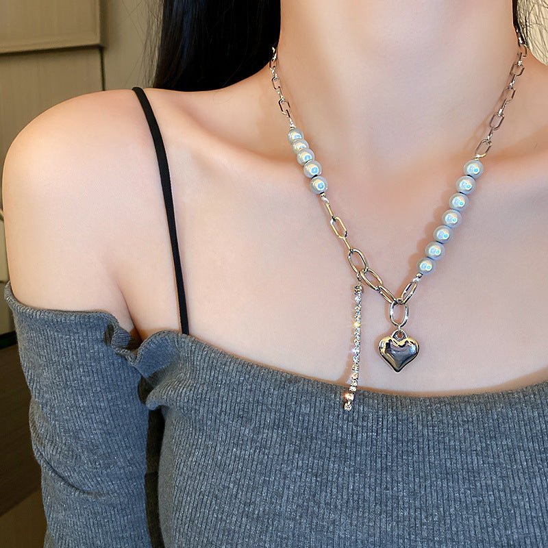 Diamond Heart Reflective Pearl Necklace - Trendy Radar