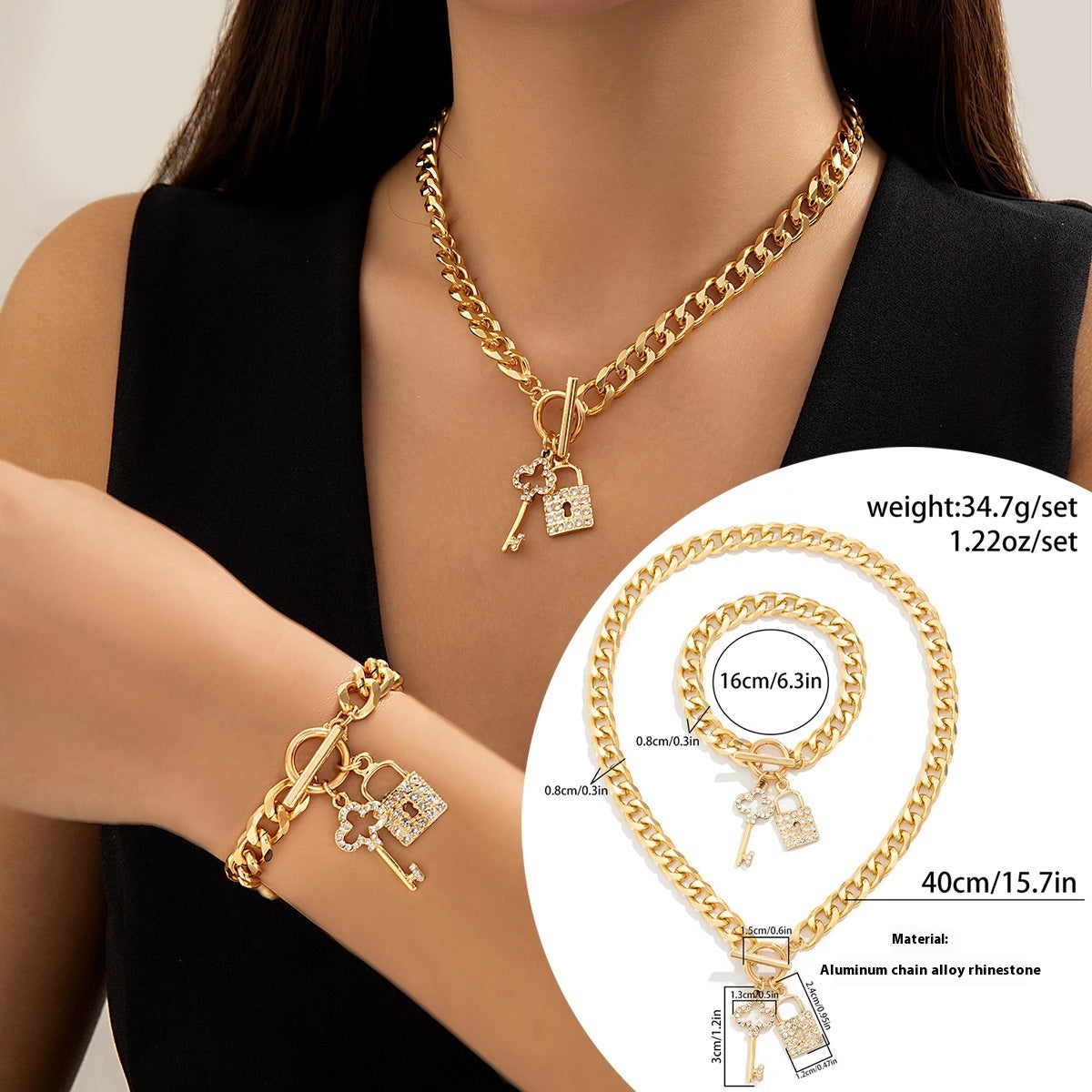 Thick Chain with Shiny Lock & Key Pendant Necklace, Bracelet Set