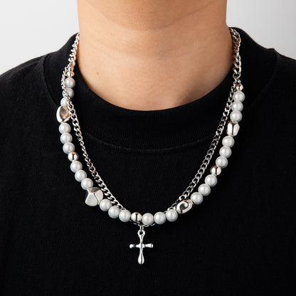 Multi-Layered Cross and Stone Double Necklace