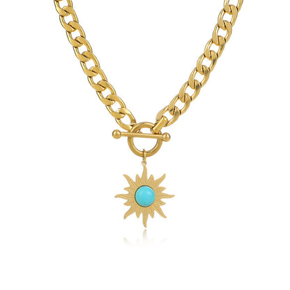 Stainless Steel Sunflower Turquoise Pendant Necklace