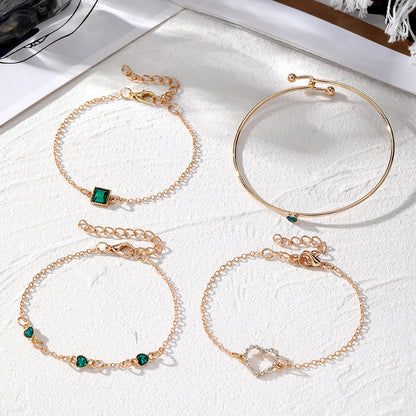 Vintage Inlaid Green Square Bracelet Set, 4 Pcs