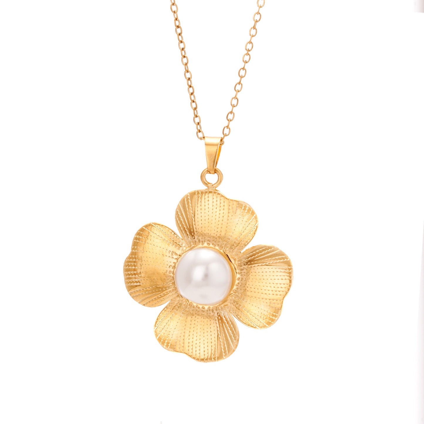 Titanium Steel Die-Casting Pendant Necklace with Inlaid Shell Pearls