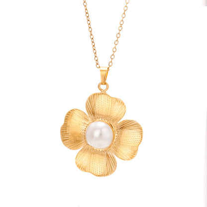 Titanium Steel Die-Casting Pendant Necklace with Inlaid Shell Pearls