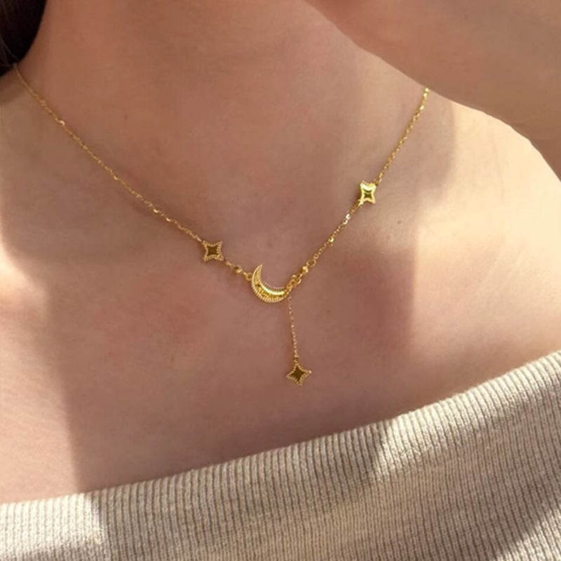Gold Ice Crushing Star & Moon Necklace