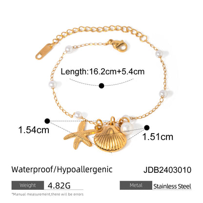 Shell & Starfish Pendant Pearl Chain Necklace and Bracelet Set