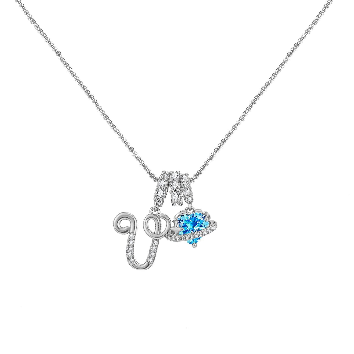 A-Z Alphabet Elegant Blue Heart Necklace with Zircons