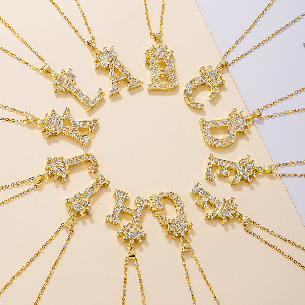 Gold Crown A-Z Pendant Necklace