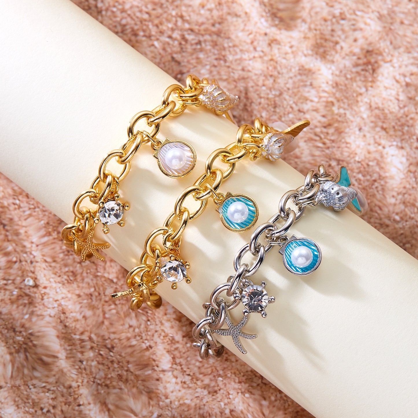 Starfish Pearl Shell Fishtail Multi-Pendant Necklace & Bracelet Set