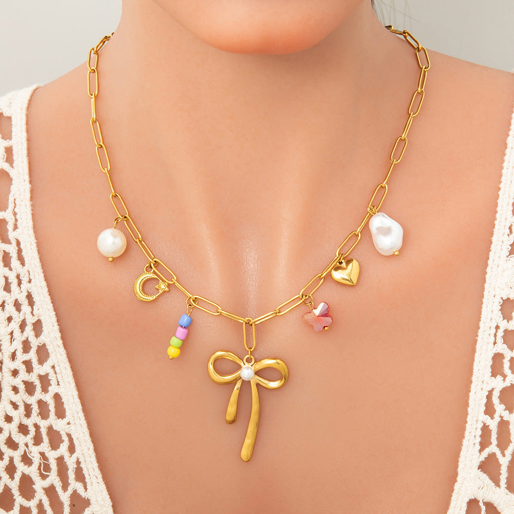 Stainless Steel Pearl Necklace with Pendants