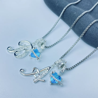 A-Z Alphabet Elegant Blue Heart Necklace with Zircons