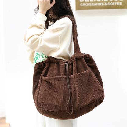 Corduroy Shoulder Bag with Drawstring Closure