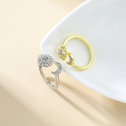 Adjustable Star and Moon Ring with Rhinestones