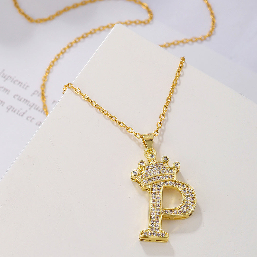 Gold Crown A-Z Pendant Necklace