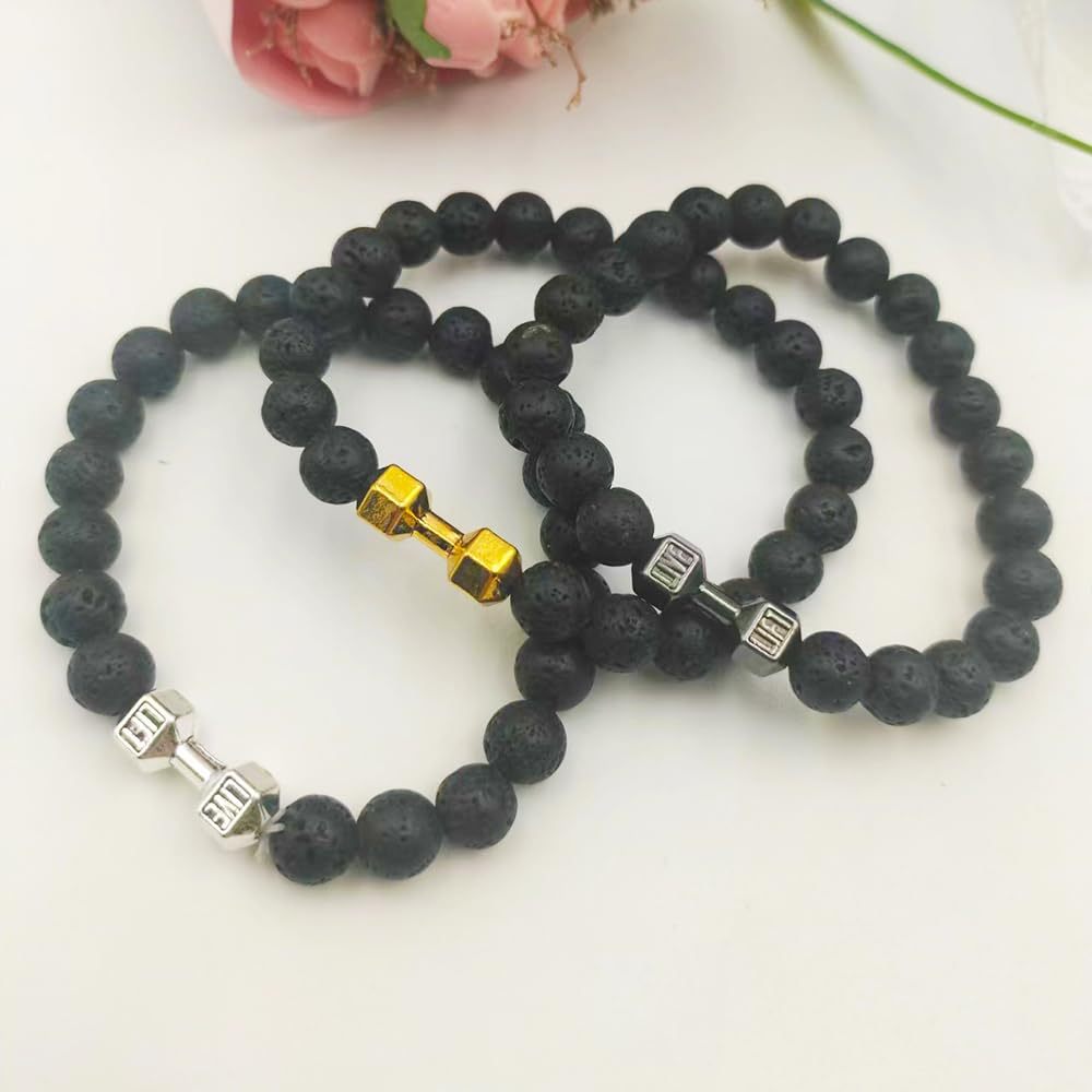 Barbell & Lava Rock Stone Beads Dumbbell Bracelet