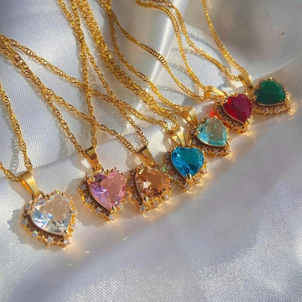 Gold Clavicle Chain Necklace with Colourful Rhinestone Heart