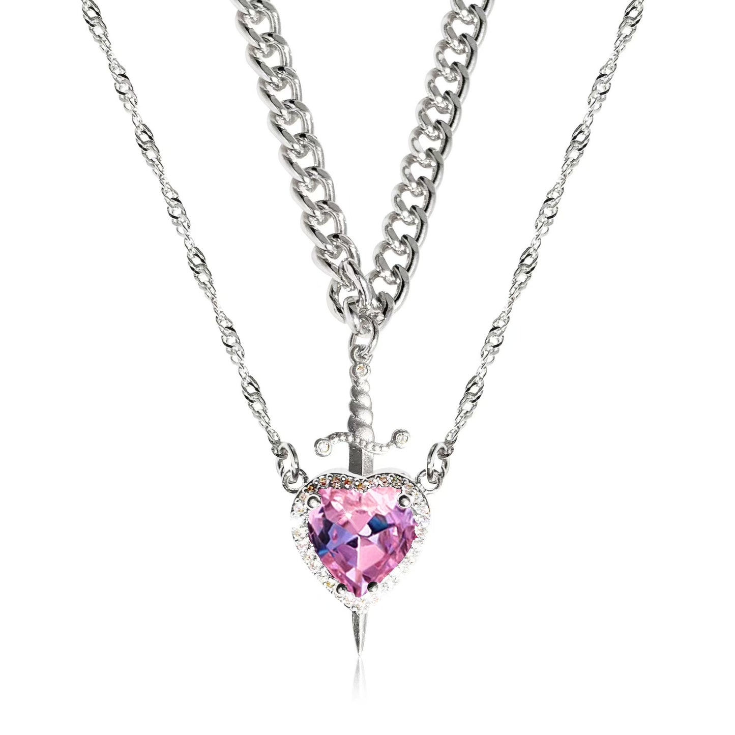 Heart and Sword Necklace Set, Pink Heart Crystal