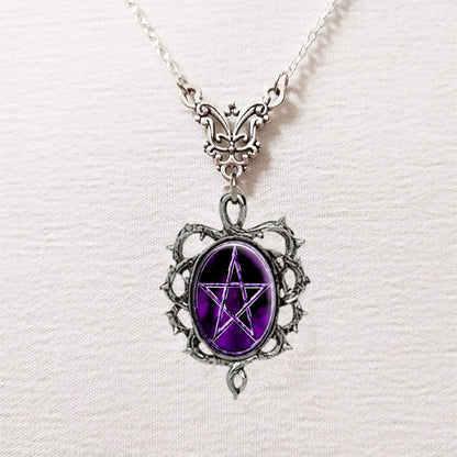 Unisex Purple Pentagram Pendant Necklace with Thorn Frame