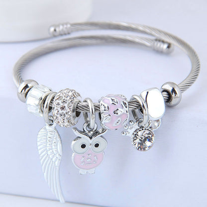 Beaded Owl & Angel Wings Charm Bracelet