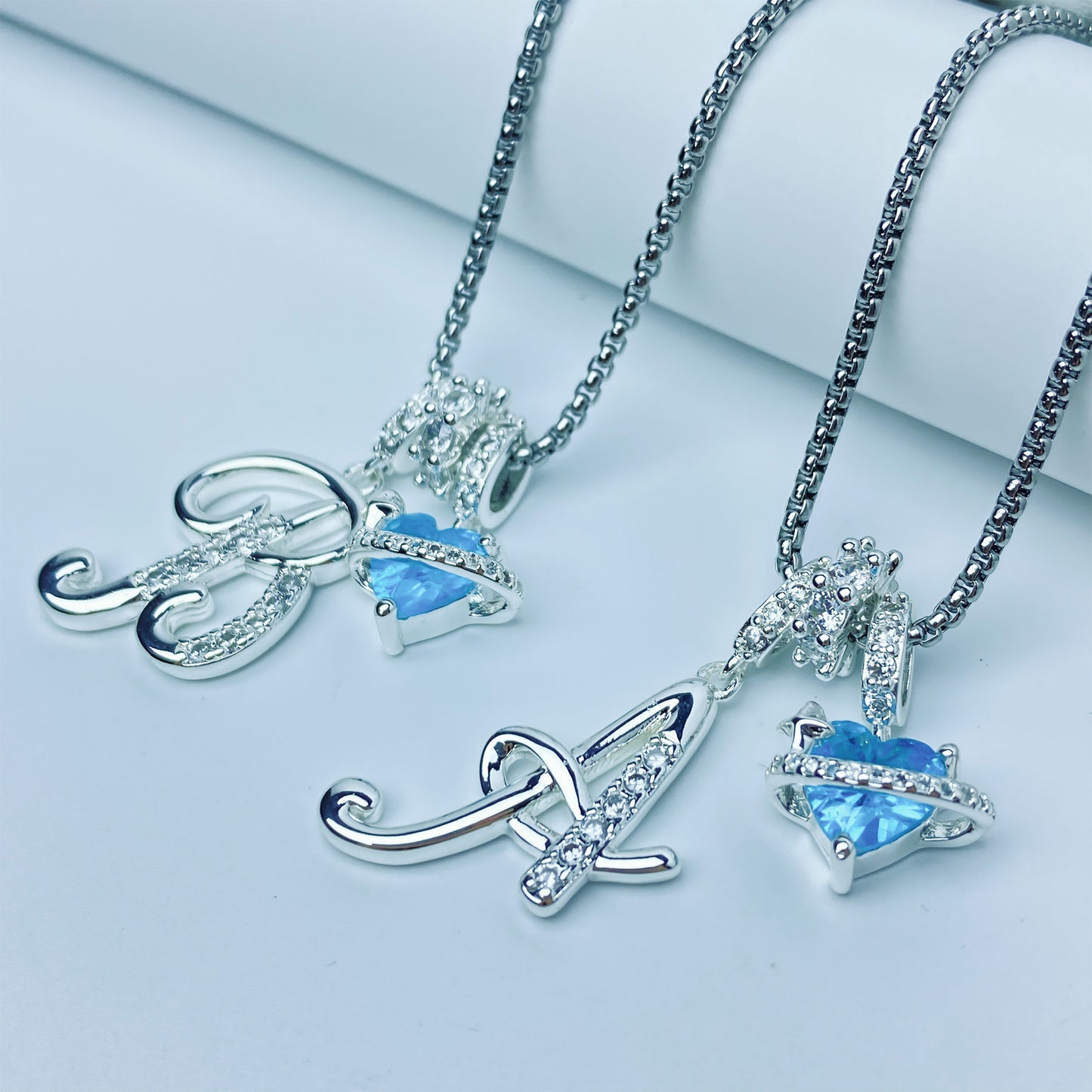 A-Z Alphabet Elegant Blue Heart Necklace with Zircons