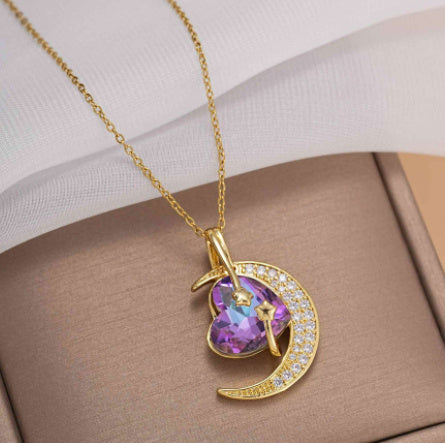 Titanium Steel Star & Moon Pendant Necklace