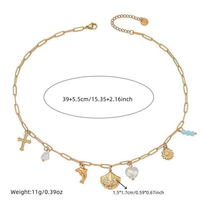 Retro Diamonds Scallop Gold-Plated Dolphin Necklace