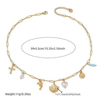 Retro Diamonds Scallop Gold-Plated Dolphin Necklace