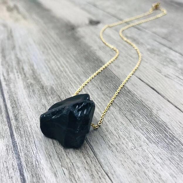 Black Natural Crystal Stone Pendant Necklace