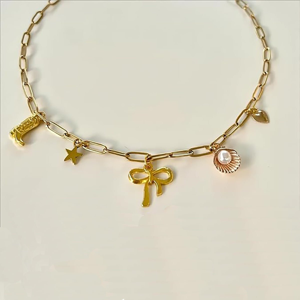 Gold Clip Necklace with Bow & Five-Pointed Star - Trendy Radar