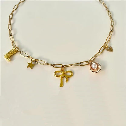 Gold Clip Necklace with Bow & Five-Pointed Star - Trendy Radar