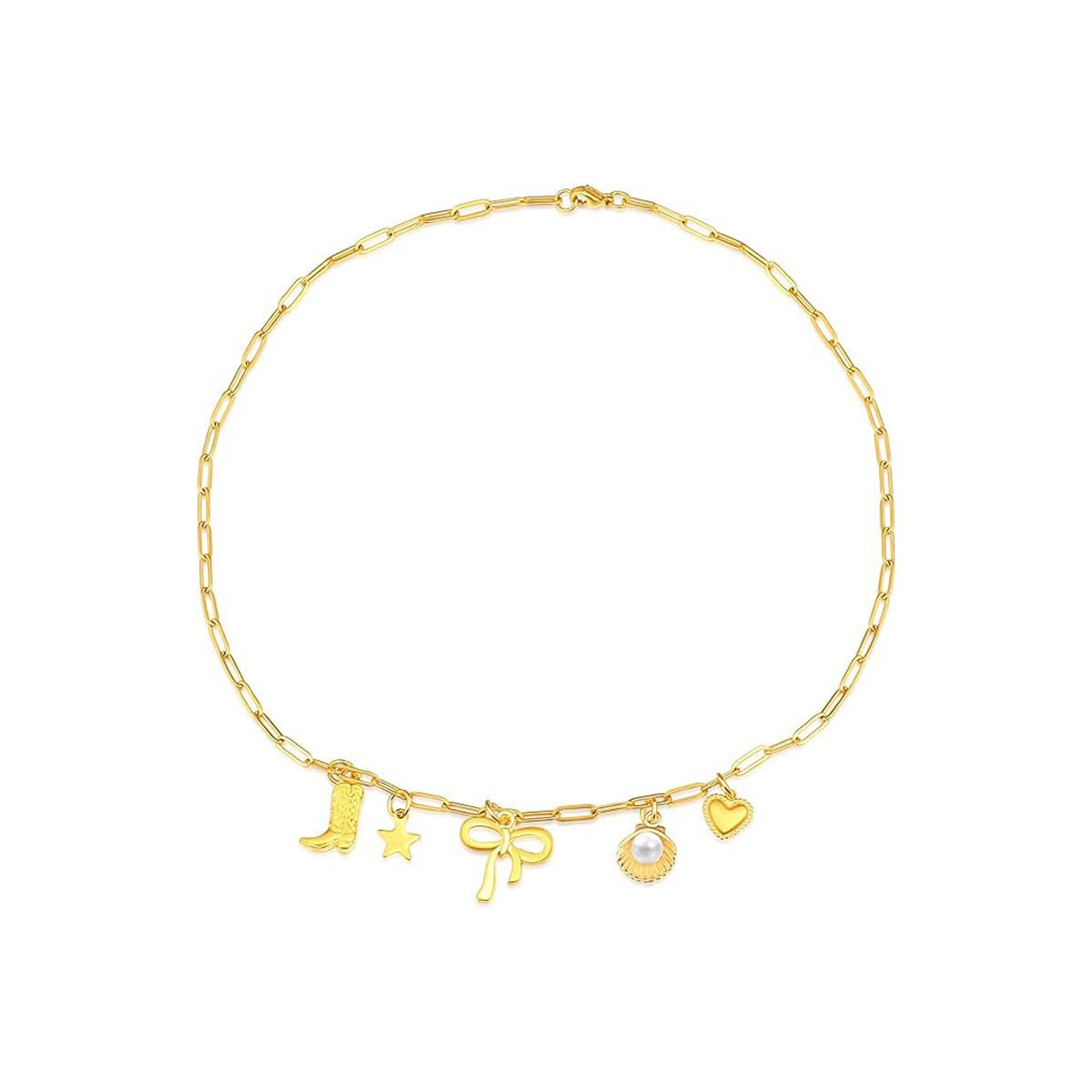 Gold Clip Necklace with Bow & Five-Pointed Star - Trendy Radar