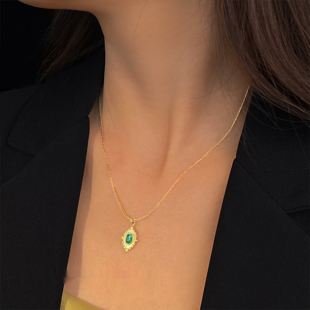 Gold Plated Oval green resin Stainless Steel Necklace - Trendy Radar