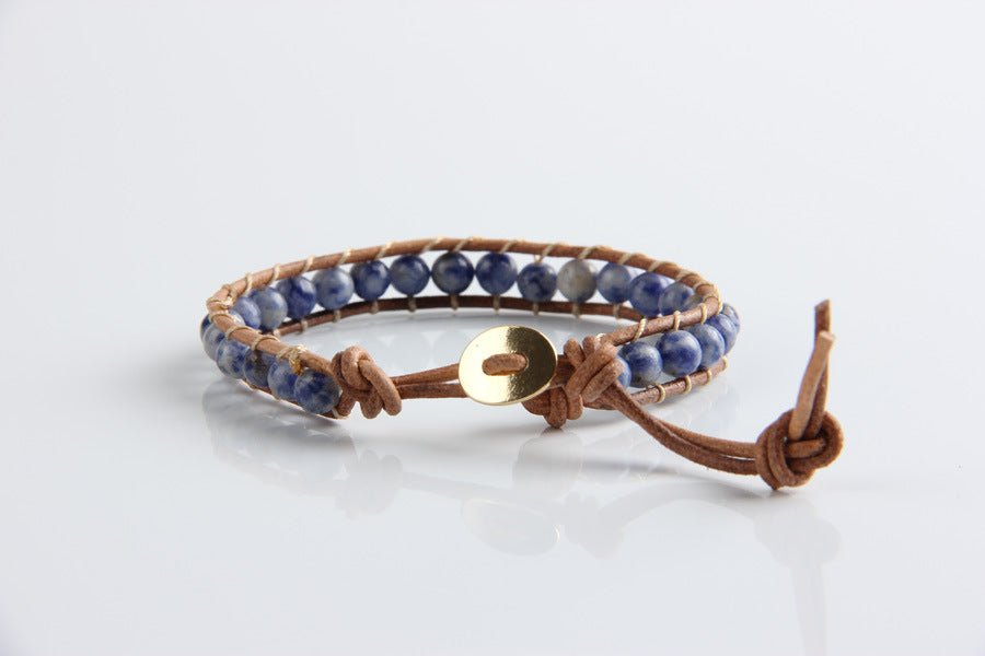 Handmade White Point Blue Natural Stone Leather Woven Bracelet - Trendy Radar