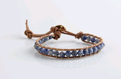 Handmade White Point Blue Natural Stone Leather Woven Bracelet - Trendy Radar
