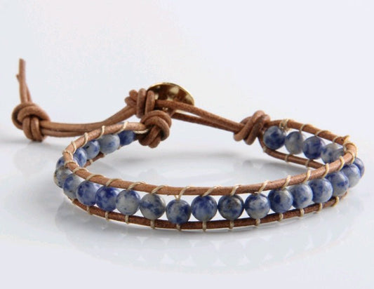 Handmade White Point Blue Natural Stone Leather Woven Bracelet - Trendy Radar