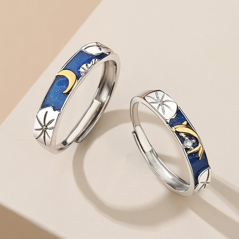 Lotus Pond Moonlight Couple Pair Ring – Adjustable 925 Silver - Trendy Radar