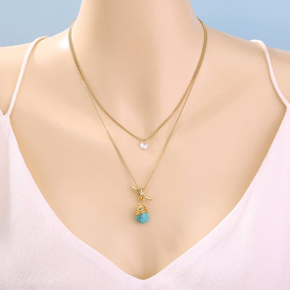 Metal Knotted Hand - Wound Turquoise Water Droplet Multi - Layer Necklace - Trendy Radar