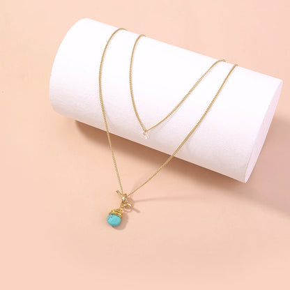 Metal Knotted Hand - Wound Turquoise Water Droplet Multi - Layer Necklace - Trendy Radar