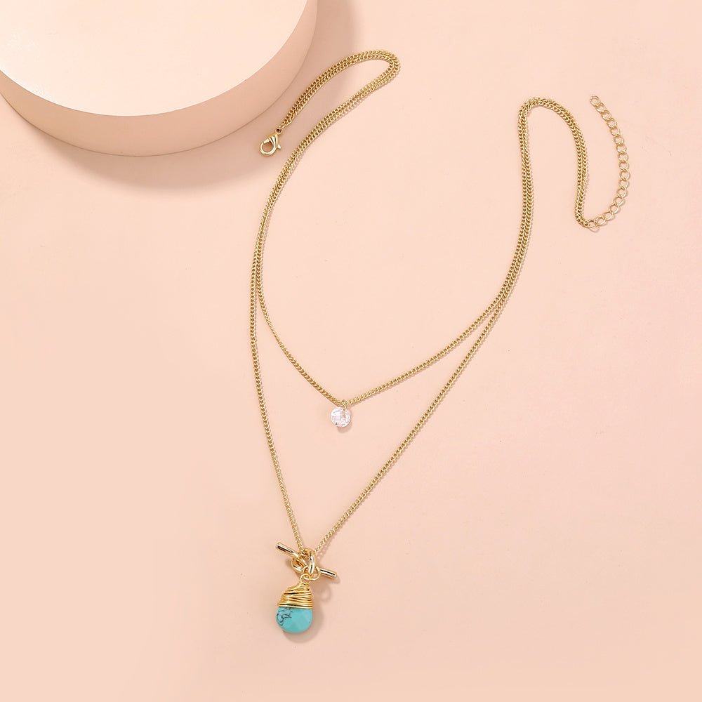 Metal Knotted Hand - Wound Turquoise Water Droplet Multi - Layer Necklace - Trendy Radar
