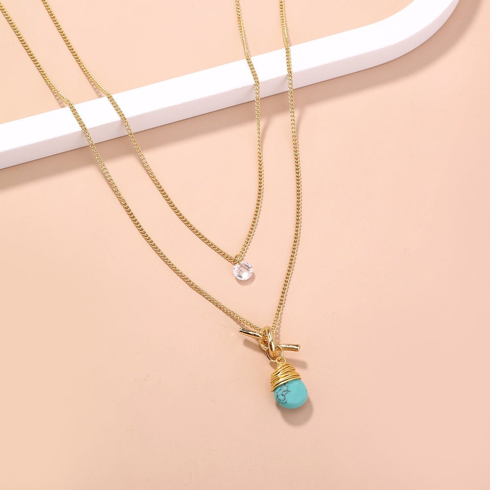 Metal Knotted Hand - Wound Turquoise Water Droplet Multi - Layer Necklace - Trendy Radar